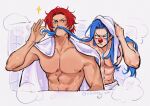  &gt;:( 2boys abs absurdres artist_name blue_eyes blue_hair brown_eyes buggy_the_clown clown_nose drying drying_hair hair_intakes hair_mustache hand_up highres holding_another&#039;s_hair large_pectorals light_blush long_hair looking_at_another male_focus multiple_boys muscular muscular_male naked_towel one_piece pectorals red_hair red_nose shanks_(one_piece) short_hair shower_(place) sparkle steam towel towel_around_neck towel_on_head twitter_username underbite upper_body v-shaped_eyebrows vamos_mk wet white_background white_towel 