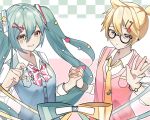 1boy 1girl 39 blonde_hair blue_eyes blue_hair bow bowtie bracelet breast_pocket collared_shirt commentary glasses grin hair_bow hair_ornament hatsune_miku heart heart_hair_ornament heart_on_cheek highres holding_hands jewelry kagamine_len long_hair long_sleeves miakzi musical_note musical_note_hair_ornament necktie pocket ponytail ribbon school_uniform shirt sleeves_rolled_up smile star_(symbol) star_hair_ornament sweater_vest tie_clip twintails very_long_hair vocaloid wristband 
