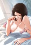  1girl artofhuan bed breasts brown_eyes brown_hair cleavage copyright_name curtains highres large_breasts mature_female mizuno_sara morning nightgown office_lady original pink_nightgown short_hair solo solo_focus sunlight waking_up window 