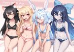  4girls ahoge animal_ear_fluff animal_ears artist_request bandage_over_one_eye bandaged_head bandages bikini black_bikini black_hair blonde_hair blue_bikini blue_eyes blue_hair bow bow_bikini breasts brown_eyes cat_ears cat_girl cleavage doll_joints ear_tag expressionless hair_bow hand_on_own_chest highres joints little_witch_nobeta long_hair monica_(little_witch_nobeta) multiple_girls navel nobeta official_art open_mouth pale_skin phyllis_(little_witch_nobeta) rabbit_ears rabbit_girl red_eyes ribbon sitting slit_pupils small_breasts smile striped_bikini striped_clothes swimsuit tania_(little_witch_nobeta) thigh_gap thighs two_side_up very_long_hair white_day 