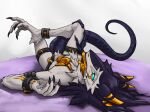 anthro bdsm bondage bound cybernetic_arm cybernetic_limb cybernetic_tail cybernetics digital_media_(artwork) fur gold_(metal) hair hi_res linuell looking_at_viewer machine male mammal nude sergal simple_background smile solo tail