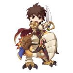  1boy animal armor armored_boots bag barding bird boots breastplate brown_eyes brown_hair cape chainmail chibi cross cross_of_prontera full_body gauntlets leg_armor looking_at_viewer lord_knight_(ragnarok_online) male_focus medium_bangs official_art open_mouth oversized_animal pauldrons peco_peco ragnarok_online red_cape riding riding_bird scabbard scimitar sheath shoulder_armor simple_background solo spiked_gauntlets standing sword tabard tachi-e transparent_background v weapon yuichirou 