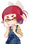  1girl bangs blue_overalls bow closed_mouth hair_bow hands_up highres inkling inkling_girl looking_at_viewer mikoshiba_m overalls pointy_ears red_hair shirt short_hair short_sleeves simple_background smile splatoon_(series) striped striped_shirt tentacle_hair white_background white_bow white_shirt yellow_eyes yellow_shirt 