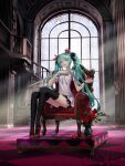 1girl absurdres aqua_eyes aqua_hair black_thighhighs crown dress flower full_body grin hand_on_own_chest hatsune_miku high_heels highres long_hair mini_crown petals red_flower red_footwear red_rose redjuice rose rose_petals short_sleeves sitting smile solo supreme_(module) thighhighs throne twintails very_long_hair vocaloid white_dress world_is_mine_(vocaloid) 