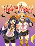  2girls animal_ear_fluff animal_ears animal_hands atelier-moo bat_(animal) belt black_hair blonde_hair breasts cat_ears cat_paws fang full_body glasses green_eyes halloween happy_halloween highres long_hair long_sleeves looking_at_viewer machida_madoka machida_tomoka machidake miniskirt moon multiple_girls narrow_waist open_mouth pumpkin red-framed_eyewear school_uniform skirt small_breasts thighhighs thighs trick_or_treat twintails zettai_ryouiki 