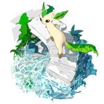  animal_focus apios closed_eyes commentary dated_commentary from_above green_eyes highres leaf leafeon looking_at_viewer looking_back looking_up moss no_humans partially_submerged pokemon pokemon_(creature) spitting stairs swimming vaporeon walking water wet 