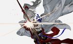  1boy aiming aiming_at_viewer archer_(fate/samurai_remnant) archery bow_(weapon) brown_eyes chinese_clothes closed_mouth fate/samurai_remnant fate_(series) grey_hair hair_ornament hair_stick highres long_hair looking_at_viewer male_focus ponytail simple_background smile solo teak_(youmu) weapon white_background 