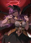  1girl armlet bare_shoulders black_wings bracelet breasts dark-skinned_female dark_skin darklord_ixchel duel_monster earrings fallen_angel feathered_wings halo hands_up head_wings highres jewelry large_breasts long_hair multiple_wings pointy_ears purple_hair red_eyes solo swept_bangs uragawai wings yu-gi-oh! 