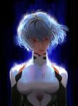  1girl arhnt arms_at_sides aura ayanami_rei black_background blue_hair bodysuit breasts closed_mouth english_commentary floating_hair highres looking_to_the_side neon_genesis_evangelion pilot_suit plugsuit red_eyes short_hair solo upper_body white_bodysuit 
