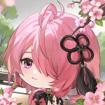  1girl cherry_blossoms chibi clothes covered_eyes earrings flower hair_ornament hair_over_one_eye hairclip jewelry long_sleeves looking_at_viewer outdoors pink_eyes pink_hair purple_eyes taoqi_(wuthering_waves) tree wuthering_waves yuden6969 