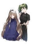  2girls :q ahoge apron barber_cape black_apron black_shirt brown_eyes brown_hair closed_mouth cutting_hair expressionless green_hair grey_shirt hair_between_eyes hand_up highres holding holding_another&#039;s_hair holding_scissors initial licking_lips long_bangs long_hair looking_at_another looking_at_viewer multiple_girls ponytail profnote purple_eyes revision scissors sense_(sousou_no_frieren) shirt short_sleeves side_ponytail sidelocks smile sousou_no_frieren split_mouth sweatdrop t-shirt tongue tongue_out ubel_(sousou_no_frieren) very_long_hair white_background 