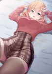  1girl bed_sheet breasts brown_dress brown_thighhighs commentary_request dress green_eyes high-waist_skirt highres hinoshita_kaho link!_like!_love_live! long_sleeves looking_at_viewer love_live! lying medium_breasts on_back orange_hair parisnoko parted_lips plaid plaid_dress red_sweater short_hair skirt solo sweater thighhighs upper_body zettai_ryouiki 