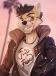  2023 anthro canid canine canis clothed clothing day detailed_background digital_media_(artwork) domestic_dog eyebrows eyelashes eyewear glasses hi_res looking_at_viewer male mammal outside sky smile tlt_echelon 