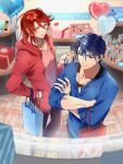  2boys aaron_wei bag balloon blue_hair box crossed_arms dog_tags eiyuu_densetsu gift gift_box hair_between_eyes heart_balloon highres holding holding_bag indoors kuro_no_kiseki long_hair mikamikiseki multiple_boys parted_bangs red_hair shopping_bag short_hair valentine van_arkride 