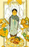  1boy akaashi_keiji backpack bag ball birthday black_hair blue_jacket blue_necktie blue_scarf book cake chengongzi123 collared_jacket confetti constricted_pupils disembodied_limb door food green_eyes haikyuu!! hashtag_only_commentary highres holding holding_ball holding_book jacket long_sleeves looking_at_viewer male_focus necktie parted_lips party_popper scarf short_hair standing striped_necktie upper_body very_short_hair volleyball yellow_background 