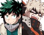  &gt;:) 2boys aqua_bodysuit bakugou_katsuki black_mask blonde_hair boku_no_hero_academia bright_pupils cel_shading closed_mouth column_lineup eye_mask freckles green_eyes green_hair hadaka_(hadakavillage) headgear looking_at_viewer looking_to_the_side male_focus mask mask_around_neck midoriya_izuku mouth_mask multiple_boys open_mouth portrait red_eyes sanpaku short_hair sideways_glance simple_background smile spiked_hair split_screen v-shaped_eyebrows white_background white_pupils 