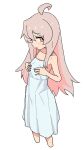  1girl absurdres ahoge bare_arms bare_shoulders brown_eyes collarbone colored_inner_hair commentary cropped_legs dress frown grey_hair hair_between_eyes hands_on_own_chest highres kosuda light_blush long_hair looking_at_viewer multicolored_hair onii-chan_wa_oshimai! oyama_mahiro pink_hair simple_background sleeveless sleeveless_dress solo spaghetti_strap sundress two-tone_hair white_background white_dress 