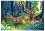  black_sclera colored_sclera english_commentary floating ghost grass hazikamiio highres midair nature outdoors phantump pokemon pokemon_(creature) red_eyes rock tree 