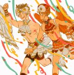  2boys akaashi_keiji animal_costume arm_up bird_costume bird_wings black_shorts bokuto_koutarou brown_feathers brown_wings carnival chengongzi123 confetti fake_wings feathers glasses grey_feathers grey_hair grey_shorts haikyuu!! highres looking_at_viewer male_focus multiple_boys no_shirt open_mouth owl_costume rio_(movie) running short_hair shorts simple_background very_short_hair white_background wings yellow_eyes 