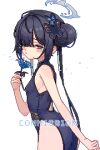  1girl 2049_(hh5566) black_dress black_hair blue_archive blue_flower blush_stickers breasts butterfly_hair_ornament closed_mouth commission cowboy_shot double_bun dress flower grey_eyes grey_halo hair_bun hair_ornament halo holding holding_flower kisaki_(blue_archive) korean_commentary long_hair pixel_art simple_background small_breasts solo twintails white_background 