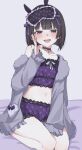  1girl :d absurdres akasa_(aks_orz) black_eyes black_hair blush cropped_shirt eye_mask frilled_shirt frilled_shorts frills full_body fur-trimmed_jacket fur_trim grey_jacket hand_on_own_cheek hand_on_own_face highres jacket long_sleeves looking_at_viewer midriff navel nijisanji open_clothes open_jacket open_mouth purple_shirt purple_shorts seiza shirt short_hair shorts sidelocks sitting sleep_mask sleeves_past_fingers sleeves_past_wrists smile solo stomach teeth tsukino_mito upper_teeth_only virtual_youtuber 