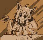  ahoge animal_ears arm_up blush bow bright_pupils brown_theme collared_shirt crossed_bangs cup dot_nose drawstring empty_eyes fox_ears fox_girl fox_tail hair_between_eyes hand_on_own_head hatching holding holding_cup hood hood_down hoodie inkwell long_hair long_sleeves looking_at_viewer monochrome mug neck_ribbon original paper quill ribbon sepia shirt smile table tail tail_bow tail_ornament upper_body v white_pupils zhu_(pixiv_36470540) 