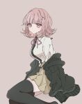  1girl black_jacket black_shirt black_thighhighs brown_hair colorized danganronpa_(series) danganronpa_2:_goodbye_despair dress_shirt feet_out_of_frame flipped_hair galaga grey_background hair_ornament highres jacket mame_taro medium_hair miniskirt nanami_chiaki neck_ribbon open_clothes open_jacket pink_eyes pink_ribbon pleated_skirt pote_(pote_39) ribbon shirt shirt_tucked_in simple_background skirt solo thighhighs third-party_edit two-tone_shirt white_shirt 