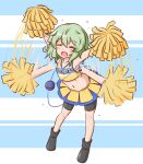  1girl black_footwear blue_background blush cheerleader closed_eyes clothes_writing commentary commission flapping full_body green_hair holding holding_pom_poms komeiji_koishi messy_hair mizusoba motion_blur navel open_mouth pom_pom_(cheerleading) short_hair skeb_commission skirt smile solo third_eye touhou two-tone_background white_background yellow_skirt 