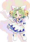  1girl :d absurdres animal_bag animal_hands animal_hat apron arm_at_side bag bell blue_bow blue_dress blush bow bowtie cat_bag cat_hat cat_tail deformed dejiko di_gi_charat dot_nose dress footwear_bow frilled_apron frills full_body gloves green_eyes green_hair hair_bell hair_ornament hat highres maid maid_apron medium_hair neck_bell one_eye_closed open_mouth parted_bangs paw_gloves paw_shoes pointing puffy_short_sleeves puffy_sleeves seoji short_sleeves shoulder_bag smile solo tail tail_bow tail_ornament white_apron white_background white_footwear white_gloves white_headwear white_tail zoom_layer 