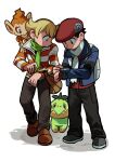  2boys :o backpack bag bangs barry_(pokemon) beret black_hair blonde_hair blue_jacket brown_bag brown_footwear chimchar commentary_request elizabeth_(tomas21) green_scarf hat highres jacket long_sleeves lucas_(pokemon) male_focus multiple_boys open_clothes open_jacket pants pointy_hair poke_ball_print pokemon pokemon_(creature) pokemon_(game) pokemon_dppt pokemon_platinum poketch red_shirt scarf shirt shoes short_hair shoulder_bag standing striped striped_jacket turtwig watch white_background white_scarf winter_clothes wristwatch 
