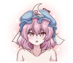  1girl :o blue_headwear collarbone commentary hat highres looking_at_viewer mob_cap nude open_mouth pink_eyes pink_hair saigyouji_yuyuko seireiart short_hair solo touhou triangular_headpiece twitter_username upper_body white_background 