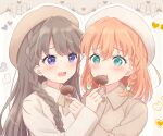  2girls absurdres aqua_eyes beret blush braid brown_hair brown_headwear brown_shirt chocolate collared_shirt crossed_bangs feeding food_in_mouth fujishima_megumi grey_headwear hair_ornament hat heart heart_in_eye highres hinoshita_kaho light_brown_background link!_like!_love_live! long_braid long_hair long_sleeves looking_at_food love_live! medium_hair multiple_girls open_mouth orange_hair outline purple_eyes rabbit_hair_ornament shirt side_ahoge soramizuki sparkling_eyes swept_bangs symbol_in_eye twin_braids upper_body white_outline yukimi_daifuku_(food) yuri 