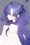 1girl blue_archive blush breasts collared_shirt grey_background hair_between_eyes halo highres hk_nnm large_breasts long_hair looking_at_viewer mechanical_halo open_mouth purple_eyes purple_hair shirt simple_background solo two_side_up upper_body white_shirt yuuka_(blue_archive) 