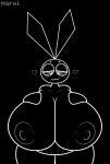  &lt;3 anthro bedroom_eyes big_breasts black_background black_body black_skin breasts clothed clothing ears_up female hand_on_breast hi_res huge_breasts lagomorph leporid mammal narrowed_eyes nipple_outline nipples nitemarebnuuy partially_clothed pattern_clothing rabbit seductive simple_background smile smiling_at_viewer solo striped_clothing stripes thick_thighs vib-ribbon vibri 