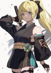  1girl alternate_costume alternate_hairstyle blonde_hair detached_sleeves fingerless_gloves fire_emblem fire_emblem:_three_houses gloves green_eyes highres ingrid_brandl_galatea japanese_clothes katana kimono long_hair looking_at_viewer ponytail ribbon short_kimono solo sword weapon yuurururun 