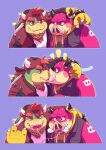 after_kiss arm_tattoo blush bodily_fluids bowser clothing duo eclipticafusion french_kissing hat headgear headwear hi_res holding_head horn jacket kissing koopa male male/male mario_and_luigi_(series) mario_bros midbus monster nintendo pink_body red_eyes saliva saliva_string scalie shirt slightly_chubby snort surprise_kiss tattoo tongue tongue_out topwear tusks