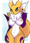  anthro bandai_namco big_breasts black_nose black_sclera blue_eyes breasts canid canine digimon digimon_(species) digital_drawing_(artwork) digital_media_(artwork) fanathir female fur genitals hi_res looking_at_viewer mammal multicolored_body multicolored_fur nipples nude pink_nipples pussy renamon simple_background solo white_body white_fur yellow_body yellow_fur 