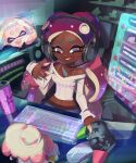  2girls can cephalopod_eyes character_doll closed_eyes commentary dark-skinned_female dark_skin drink_can english_commentary eyelashes furrowed_brow headphones highres indoors inkling keyboard_(computer) long_hair looking_at_viewer mole mole_under_mouth monitor mouse_(computer) multiple_girls navel_piercing nintendo_switch_pro_controller octoling off-shoulder_shirt off_shoulder pearl_(splatoon) piercing pink_hair purple_hair real_life red_pupils shirt sitting smile soda_can sparkle splatoon_(series) splatoon_2 stup-jam teeth tentacle_hair thick_eyebrows video_call voice_actor white_shirt 