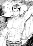  1boy abs absurdres alternate_pectoral_size arm_up bara bare_pectorals cowboy_shot cross_scar fiery_horns forked_eyebrows gakuran greyscale hair_slicked_back hatching_(texture) highres horns itaru_(kidomh63) linear_hatching looking_at_viewer male_focus monochrome muscular muscular_male navel nipples no_shirt pectorals sakimori_toji scar scar_on_cheek scar_on_face school_uniform solo standing stomach thick_eyebrows tokyo_afterschool_summoners 