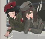  2girls absurdres beret black_hair brown_eyes brown_hair cigarette closed_mouth fulgora_(polilla) green_jacket hat highres holding holding_cigarette jacket long_hair looking_at_viewer military military_hat military_uniform multiple_girls original polilla red_headwear short_hair smoke smoking uniform 