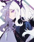  1girl black_jacket blue_archive closed_mouth dutch_angle eyes_visible_through_hair floating_hair hair_ornament hairclip halo highres hina_(blue_archive) hirako_daishougun horns jacket looking_at_viewer purple_eyes solo upper_body white_background white_hair 