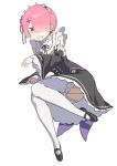  1girl bangs black_forest_cake blush cake clenched_teeth detached_sleeves dress food full_body garter_straps hair_ornament hair_over_one_eye hair_ribbon highres looking_at_viewer maid maid_headdress pink_hair purple_ribbon q_haoyu ram_(re:zero) re:zero_kara_hajimeru_isekai_seikatsu red_eyes ribbon roswaal_mansion_maid_uniform shoes short_hair simple_background solo teeth thighhighs white_background white_thighhighs wide_sleeves x_hair_ornament 