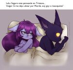  anthro bed black_body black_fur breasts cataxdrk2020 crossed_arms duo female fur furniture green_eyes hair hi_res league_of_legends looking_at_another lulu_(lol) lying male male/female meme purple_body purple_fur purple_hair riot_games spanish_text text translated veigar watermark whiskers yellow_eyes yordle 