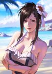  1girl arm_under_breasts bare_shoulders beach bikini black_hair blue_sky blurry blurry_background breasts cleavage closed_mouth cloud cloudy_sky collarbone commentary crossed_arms english_commentary final_fantasy final_fantasy_vii final_fantasy_vii_rebirth final_fantasy_vii_remake flower frilled_bikini frills hair_flower hair_ornament halterneck highres large_breasts lips long_hair looking_at_viewer ocean official_alternate_costume official_alternate_hairstyle outdoors palm_tree phamoz red_eyes red_lips rock sand sidelocks sky solo swept_bangs swimsuit tifa_lockhart tifa_lockhart_(shining_spirit) tree upper_body 