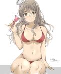  1girl artist_name bikini breasts brown_eyes cleavage cocktail_glass cup dated drinking_glass feet_out_of_frame gakky grey_hair hat highres kantai_collection long_hair looking_at_viewer medium_breasts mini_hat one-hour_drawing_challenge pola_(kancolle) red_bikini simple_background sitting smile solo swimsuit tilted_headwear wavy_hair white_background 