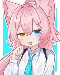  1girl :3 absurdres ahoge animal_ear_fluff animal_ears aqua_background aqua_necktie blue_archive blue_eyes blush border cat_ears cat_girl chest_harness collared_shirt fang hair_between_eyes harness heterochromia highres hoshino_(blue_archive) long_hair long_sleeves necktie no_halo open_mouth paw_pose peso_(pesomeren) pink_hair school_uniform shirt sidelocks solo upper_body white_border white_shirt yellow_eyes 