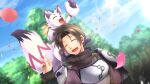  1boy animal animal_on_head animal_on_shoulder armor atelier-moo audience black_hair highres long_sleeves nature oma(our_battle_has_just_begun!) on_head open_mouth our_battle_has_just_begun! petals scarf shiro(our_battle_has_just_begun!) short_hair sky smile standing sun tail tree waving 