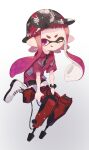  1girl :q absurdres bangs black_headwear black_necktie black_shorts boots collared_shirt dual_squelcher_(splatoon) gun hat head_tilt highres holding holding_gun holding_weapon inkling inkling_girl jumping long_hair looking_at_viewer mikoshiba_m necktie pink_eyes pink_hair pointy_ears red_shirt shirt short_shorts short_sleeves shorts simple_background smile splatoon_(series) tentacle_hair tongue tongue_out v-shaped_eyebrows weapon white_background white_footwear 