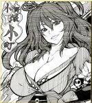  1girl 1other bangs breasts character_name cleavage death_(entity) greyscale grim_reaper hair_between_eyes highres holding holding_scythe ishida_kazuma large_breasts looking_at_viewer medium_hair monochrome onozuka_komachi scythe shikishi short_sleeves smile teeth touhou traditional_media two_side_up upper_teeth_only 