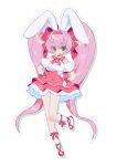  1girl :d absurdres animal_ears back_bow blush bow detached_sleeves di_gi_charat dice_hair_ornament dot_nose frilled_sleeves frilled_socks frills full_body hair_bow hair_intakes hair_ornament hand_on_own_hip heart highres kneehighs korean_commentary long_hair neck_ribbon open_mouth outline pink_bow pink_footwear pink_hair pink_ribbon pink_skirt puffy_detached_sleeves puffy_sleeves rabbit_ears ribbon seoji shirt skirt sleeveless sleeveless_shirt smile socks solo standing standing_on_one_leg star_(symbol) twintails usada_hikaru very_long_hair white_background white_outline white_shirt white_socks wrist_ribbon 